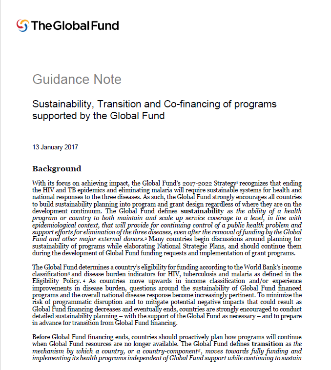 Preview image for Sustainability, Transition and Co-financing of programs supported by the Global Fund. Guidance Note
